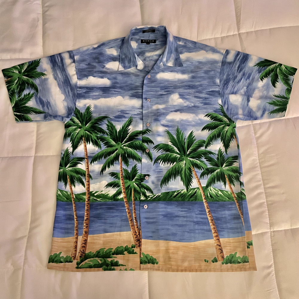 Koman Sport Blue Tropical Palm Tree Print Hawaiian Shirt